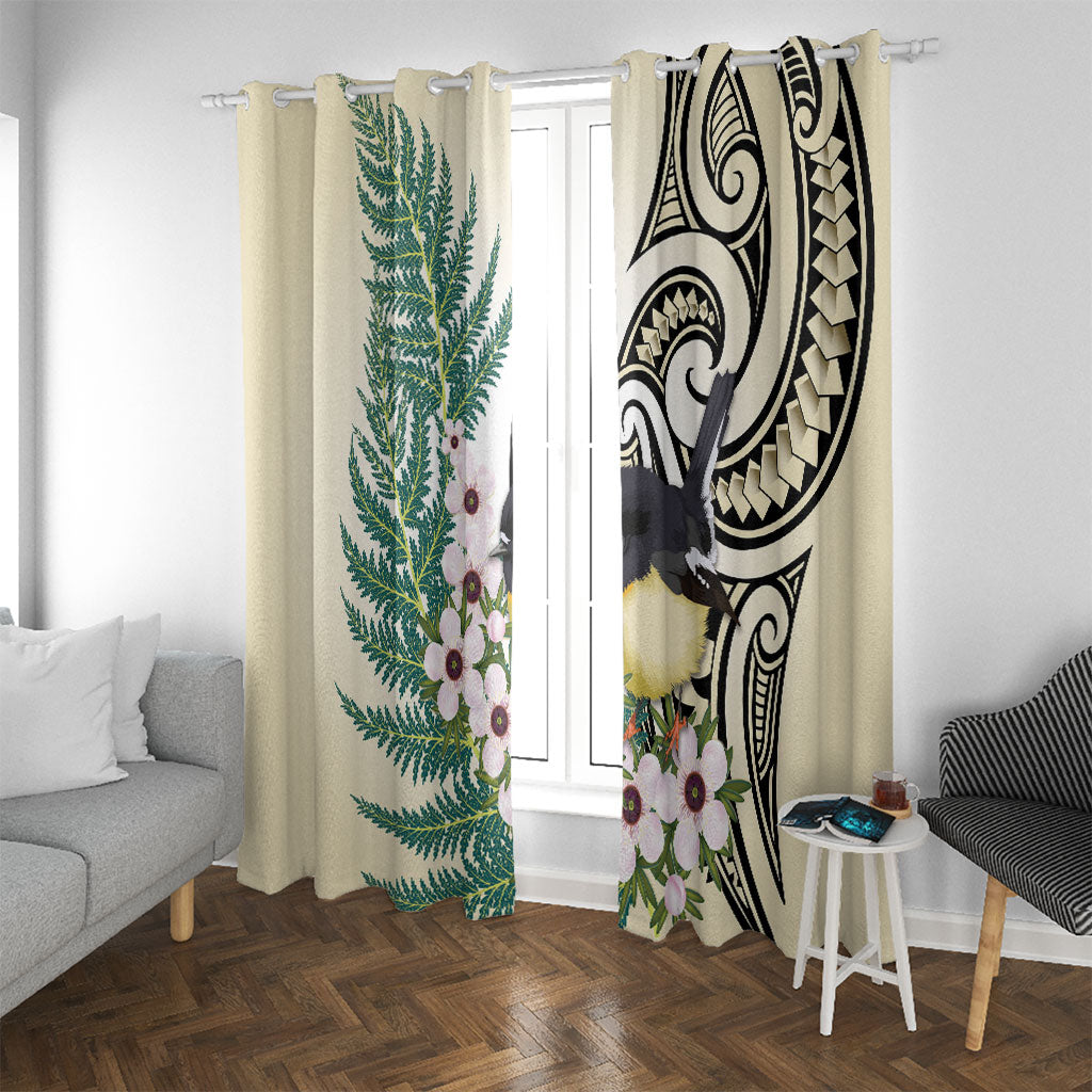 Endemic Tomtit New Zealand Window Curtain Miromiro Manuka Silver Fern Maori Pattern
