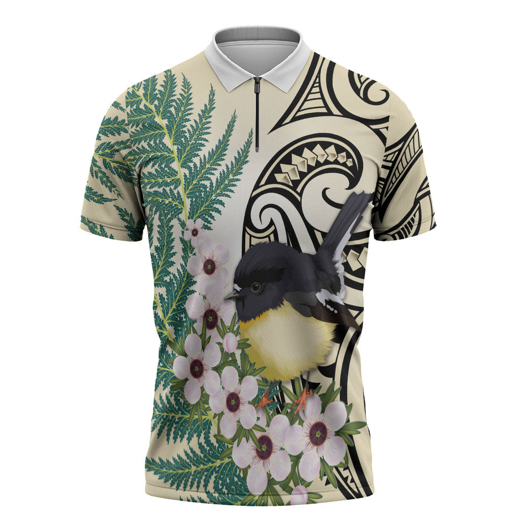 Endemic Tomtit New Zealand Zipper Polo Shirt Miromiro Manuka Silver Fern Maori Pattern LT14 Cream - Polynesian Pride