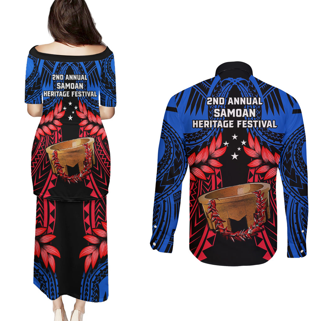 Samoa Couples Matching Puletasi Dress and Long Sleeve Button Shirts Heritage Festival Samoan Tattoo With Ula Fala Kava Bowl LT14 - Polynesian Pride