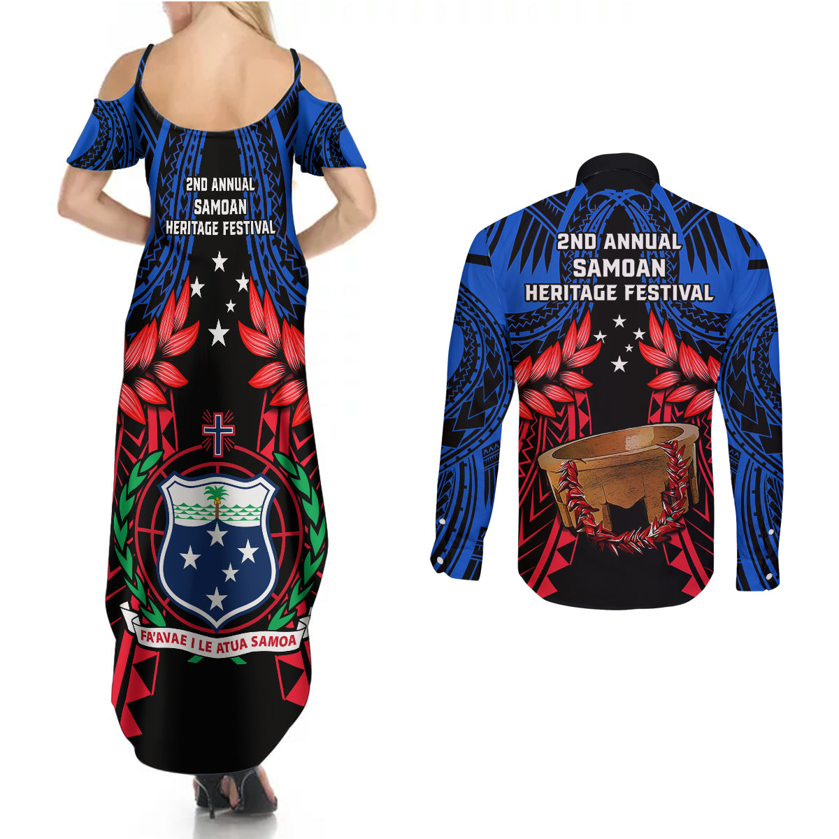 Samoa Couples Matching Summer Maxi Dress and Long Sleeve Button Shirts Heritage Festival Samoan Tattoo With Ula Fala Kava Bowl LT14 - Polynesian Pride