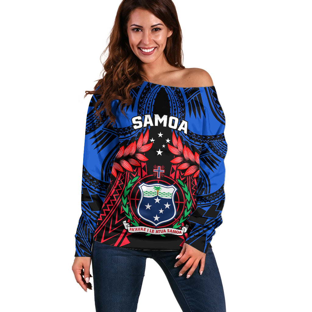 Samoa Off Shoulder Sweater Heritage Festival Samoan Tattoo With Ula Fala Kava Bowl LT14 Women Blue - Polynesian Pride