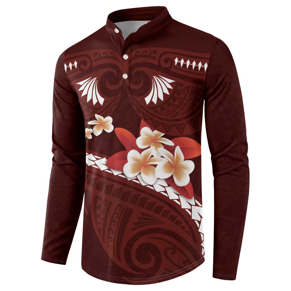 Oxblood Polynesia Button Sweatshirt Tribal Pattern Tropical Frangipani LT14 - Polynesian Pride