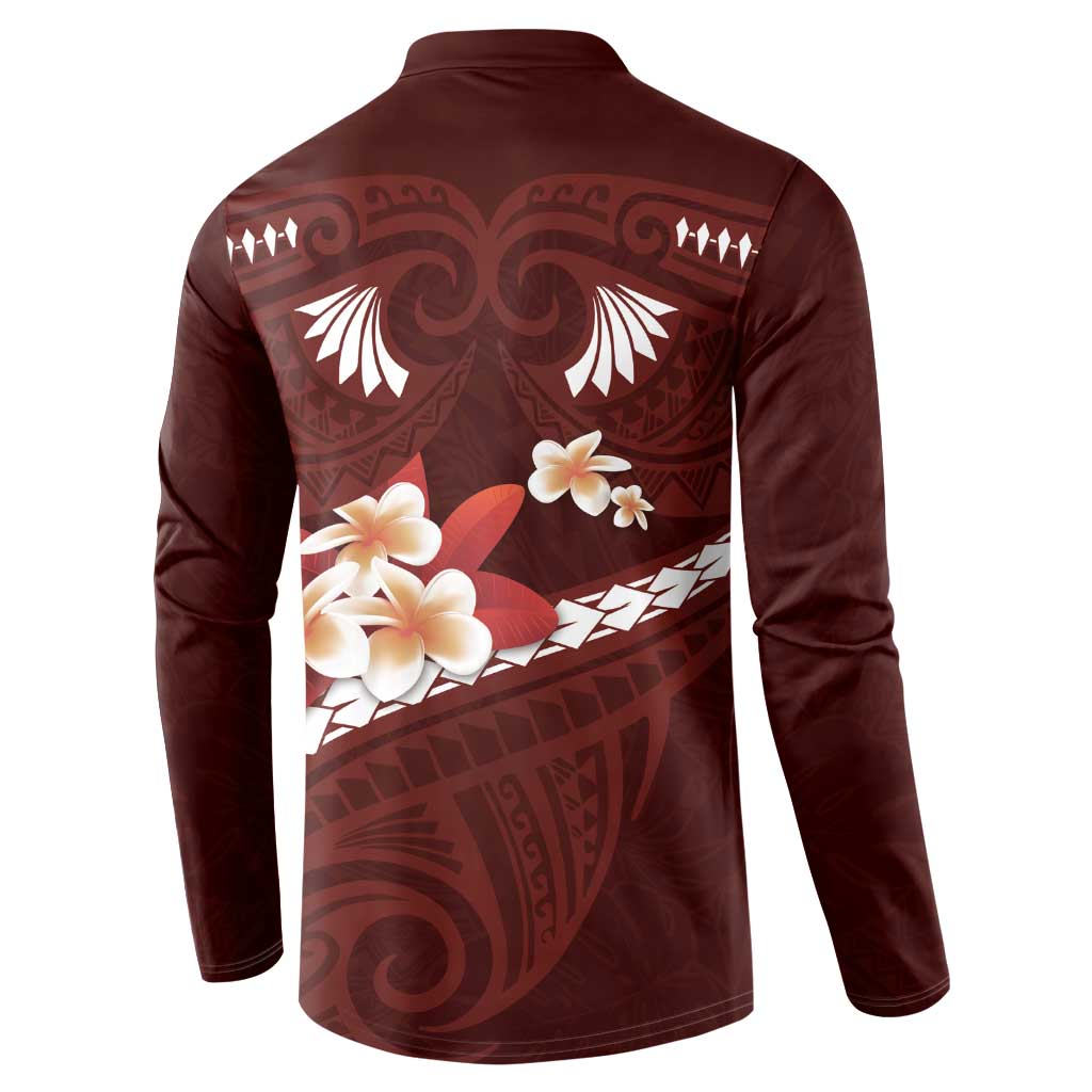 Oxblood Polynesia Button Sweatshirt Tribal Pattern Tropical Frangipani LT14 - Polynesian Pride