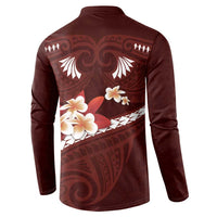 Oxblood Polynesia Button Sweatshirt Tribal Pattern Tropical Frangipani LT14 - Polynesian Pride
