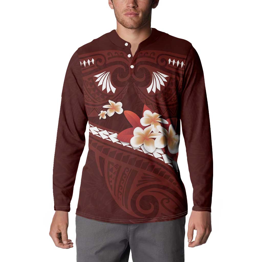 Oxblood Polynesia Button Sweatshirt Tribal Pattern Tropical Frangipani LT14 - Polynesian Pride