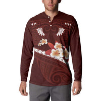 Oxblood Polynesia Button Sweatshirt Tribal Pattern Tropical Frangipani LT14 - Polynesian Pride