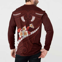 Oxblood Polynesia Button Sweatshirt Tribal Pattern Tropical Frangipani LT14 - Polynesian Pride