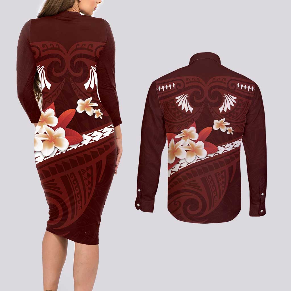 Oxblood Polynesia Couples Matching Long Sleeve Bodycon Dress and Long Sleeve Button Shirt Tribal Pattern Tropical Frangipani