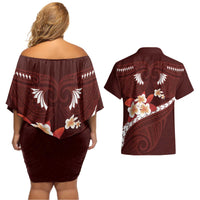 Oxblood Polynesia Couples Matching Off Shoulder Short Dress and Hawaiian Shirt Tribal Pattern Tropical Frangipani