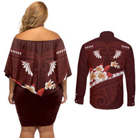 Oxblood Polynesia Couples Matching Off Shoulder Short Dress and Long Sleeve Button Shirt Tribal Pattern Tropical Frangipani