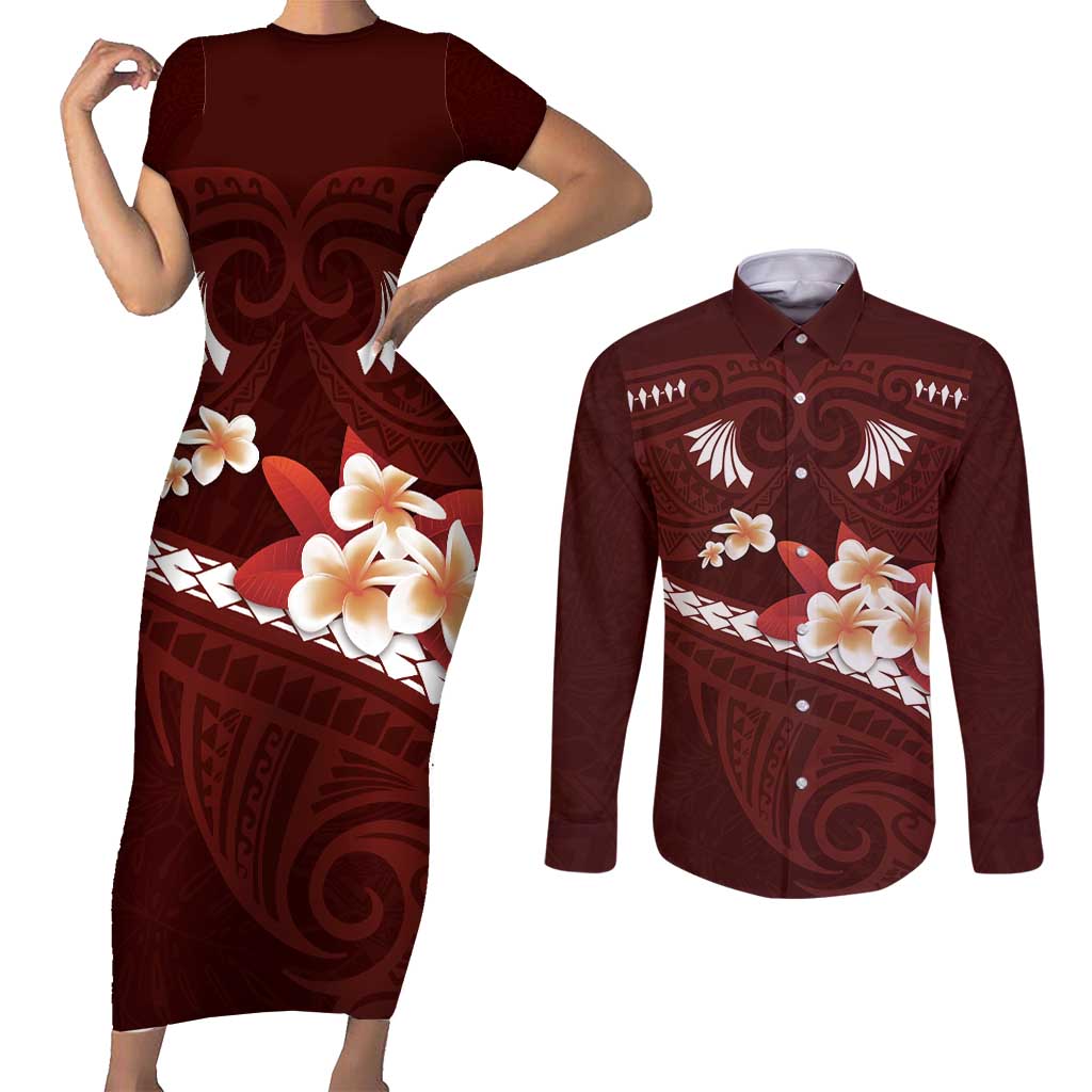 Oxblood Polynesia Couples Matching Short Sleeve Bodycon Dress and Long Sleeve Button Shirt Tribal Pattern Tropical Frangipani