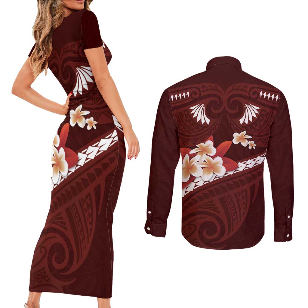 Oxblood Polynesia Couples Matching Short Sleeve Bodycon Dress and Long Sleeve Button Shirt Tribal Pattern Tropical Frangipani