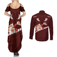 Oxblood Polynesia Couples Matching Summer Maxi Dress and Long Sleeve Button Shirt Tribal Pattern Tropical Frangipani
