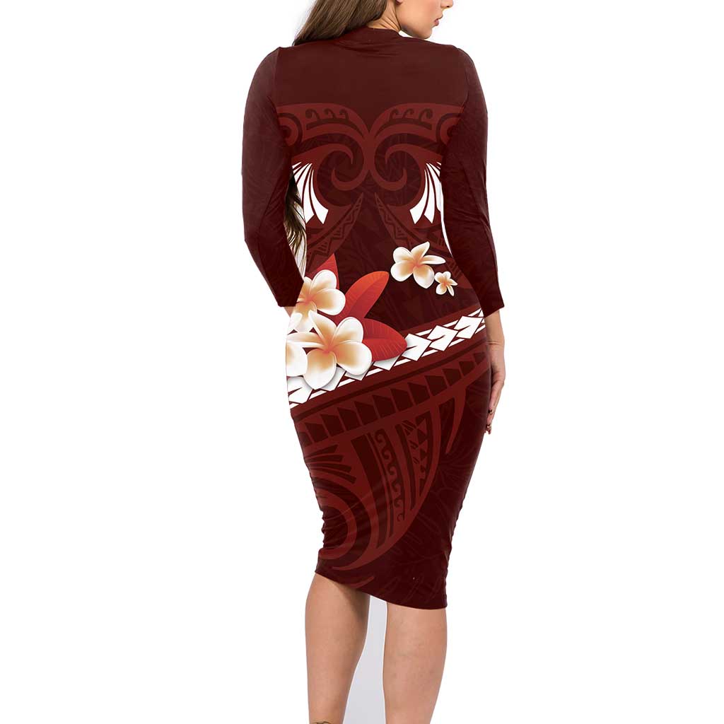Oxblood Polynesia Family Matching Long Sleeve Bodycon Dress and Hawaiian Shirt Tribal Pattern Tropical Frangipani
