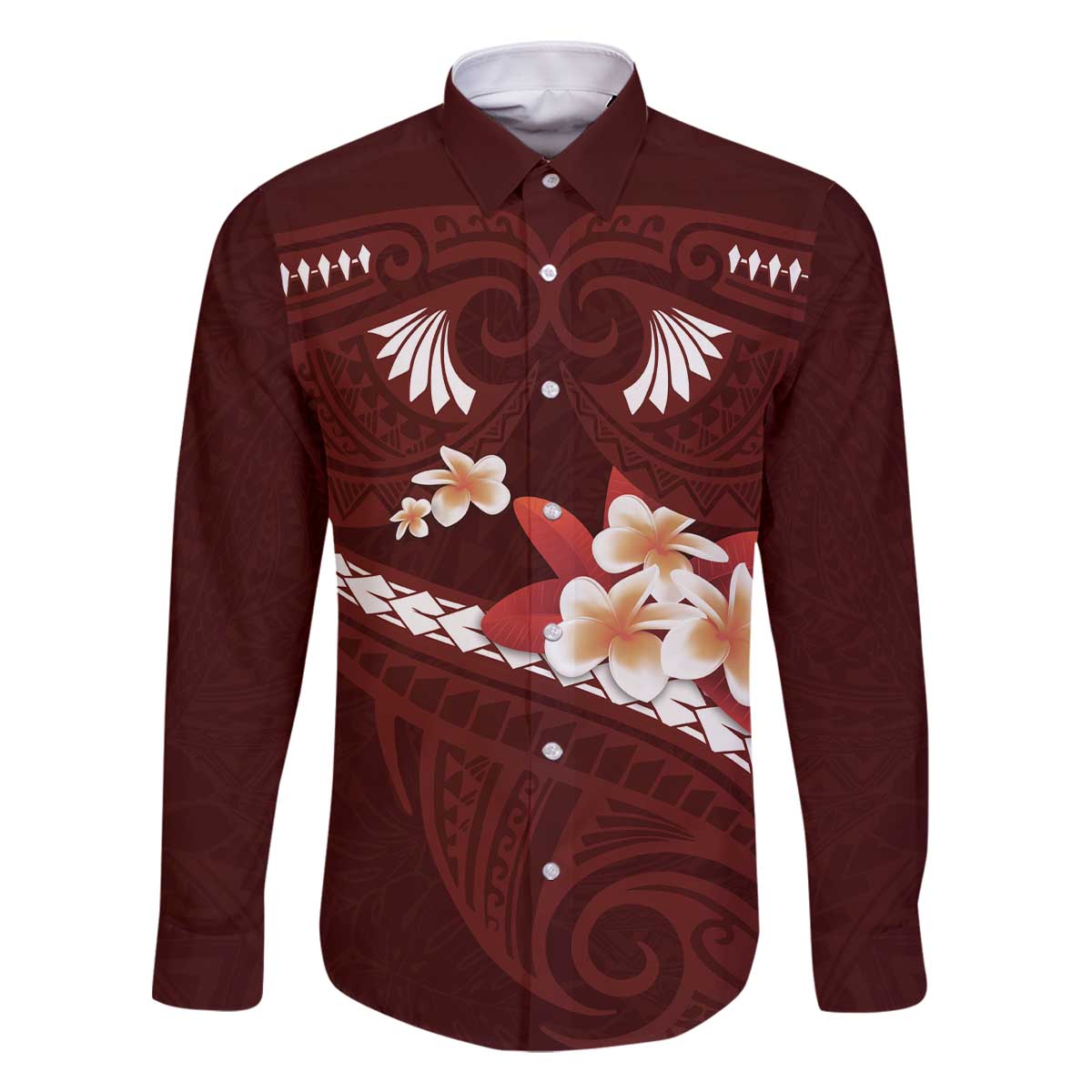 Oxblood Polynesia Family Matching Off Shoulder Short Dress and Hawaiian Shirt Tribal Pattern Tropical Frangipani