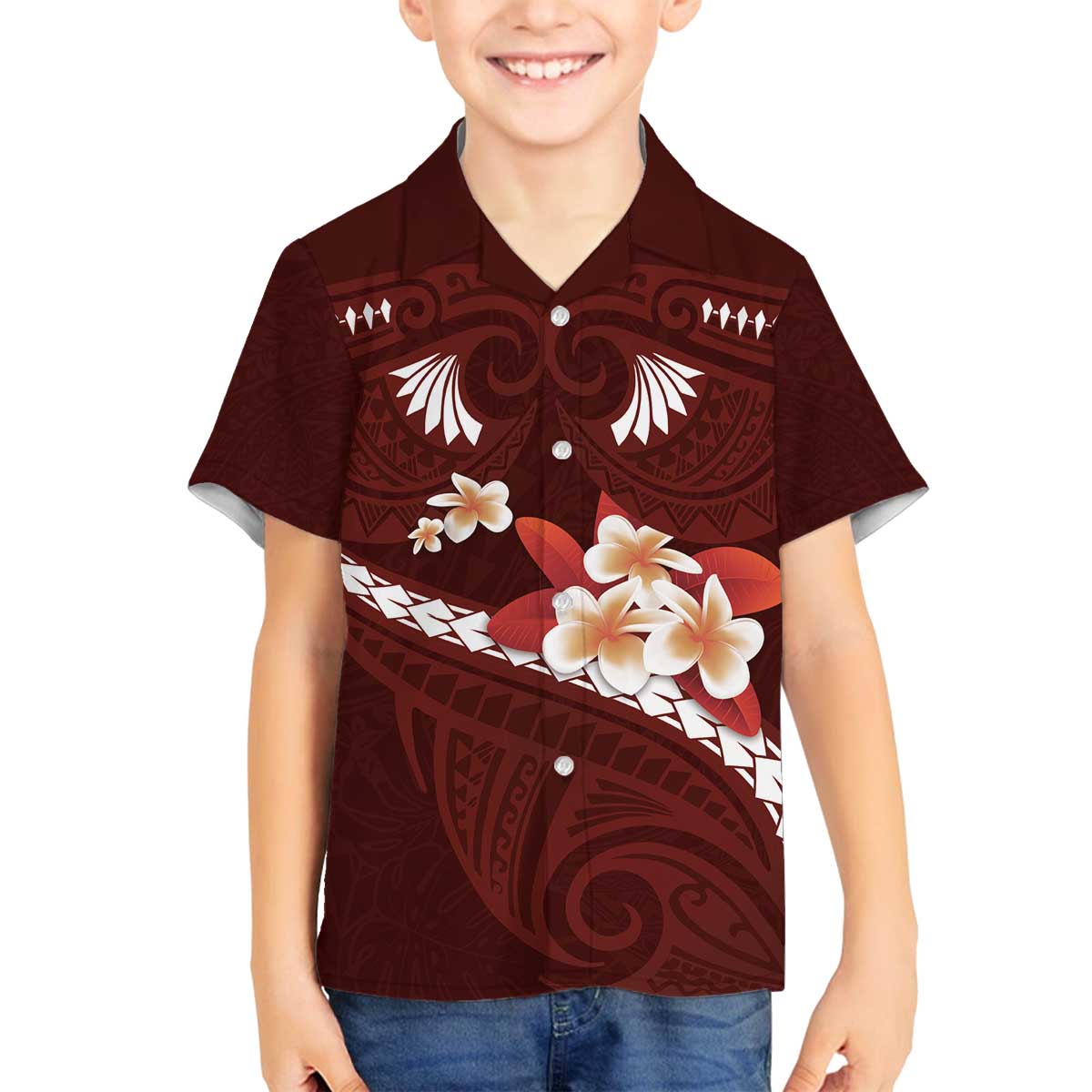 Oxblood Polynesia Family Matching Off Shoulder Short Dress and Hawaiian Shirt Tribal Pattern Tropical Frangipani