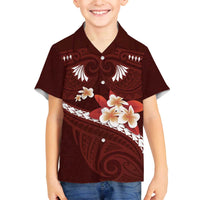 Oxblood Polynesia Family Matching Off Shoulder Short Dress and Hawaiian Shirt Tribal Pattern Tropical Frangipani