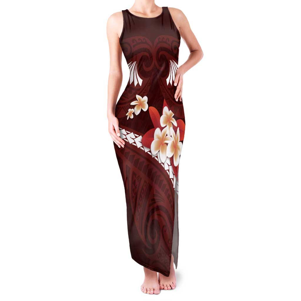 Oxblood Polynesia Family Matching Tank Maxi Dress and Hawaiian Shirt Tribal Pattern Tropical Frangipani
