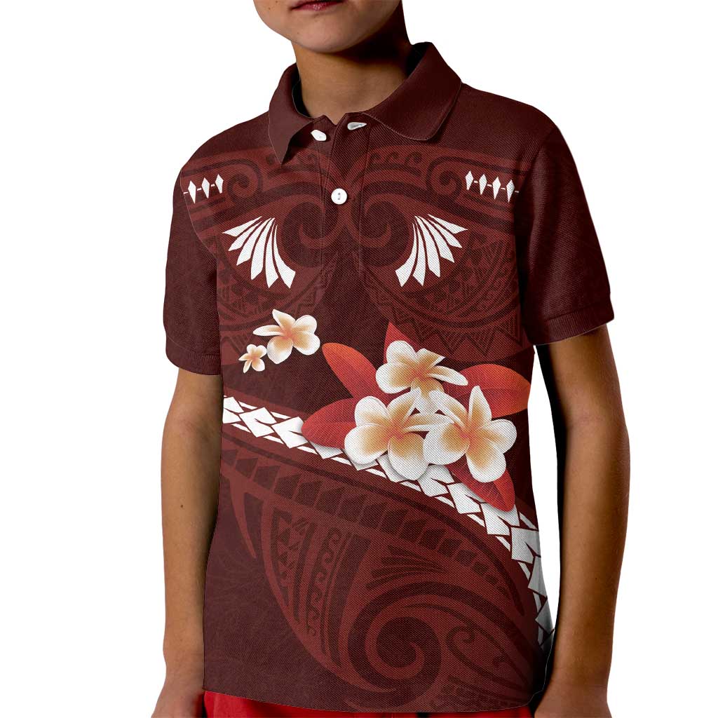 Oxblood Polynesia Kid Polo Shirt Tribal Pattern Tropical Frangipani LT14 Kid Oxblood - Polynesian Pride
