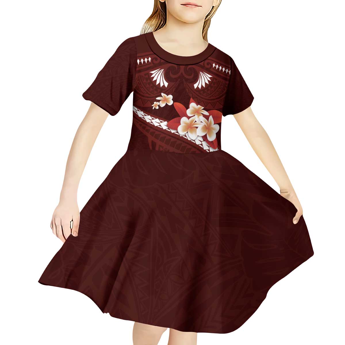 Oxblood Polynesia Kid Short Sleeve Dress Tribal Pattern Tropical Frangipani LT14 - Polynesian Pride