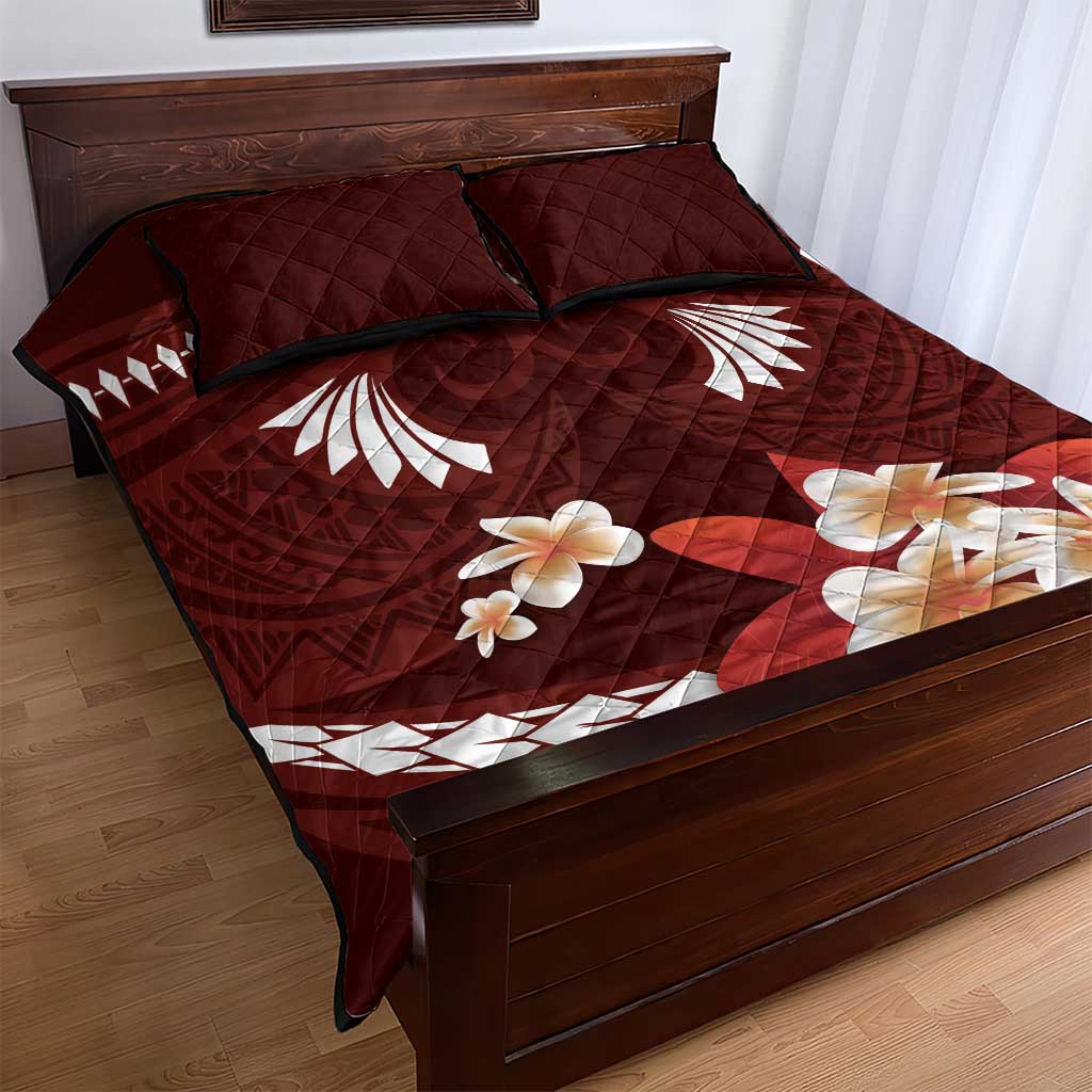 Oxblood Polynesia Quilt Bed Set Tribal Pattern Tropical Frangipani