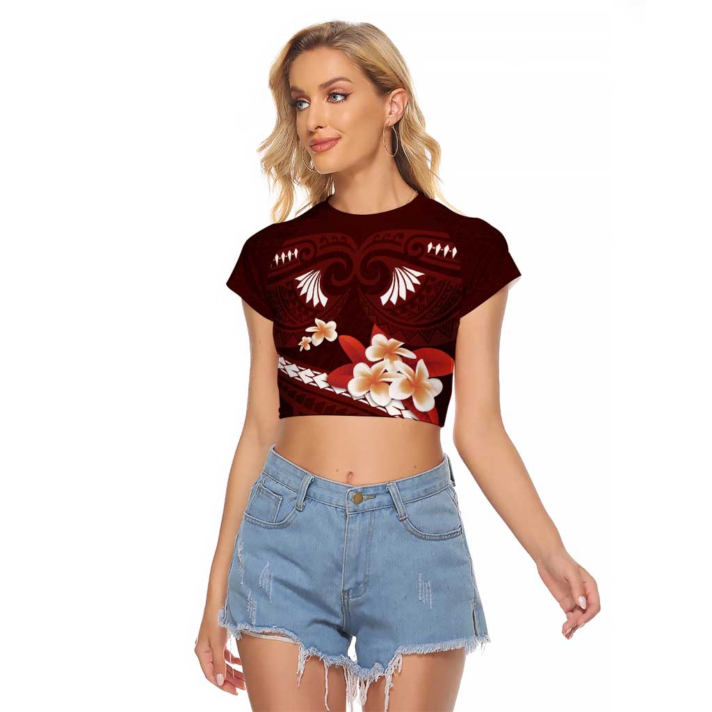 Oxblood Polynesia Raglan Cropped T Shirt Tribal Pattern Tropical Frangipani LT14 Female Oxblood - Polynesian Pride