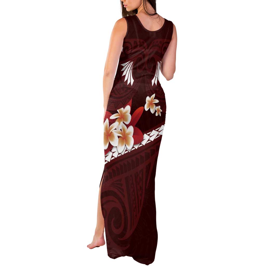 Oxblood Polynesia Tank Maxi Dress Tribal Pattern Tropical Frangipani