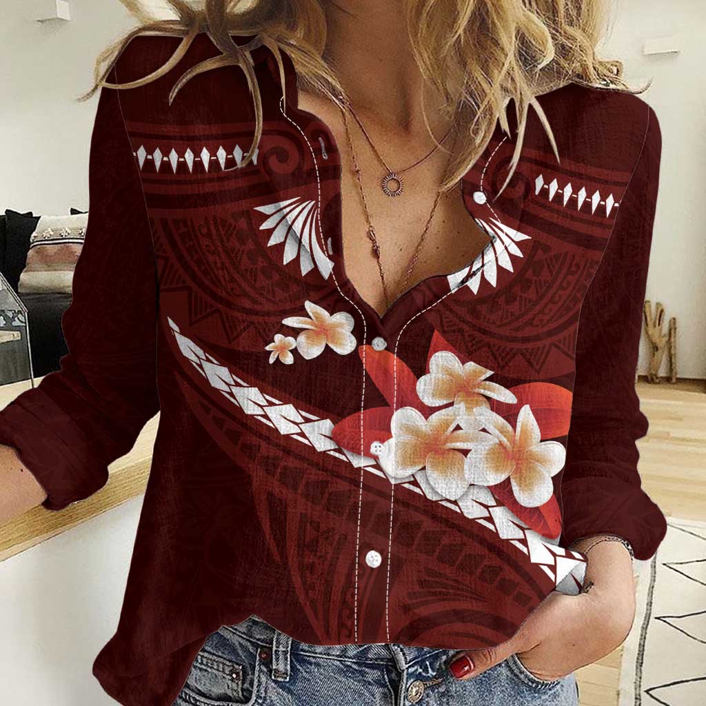 Oxblood Polynesia Women Casual Shirt Tribal Pattern Tropical Frangipani LT14 Female Oxblood - Polynesian Pride