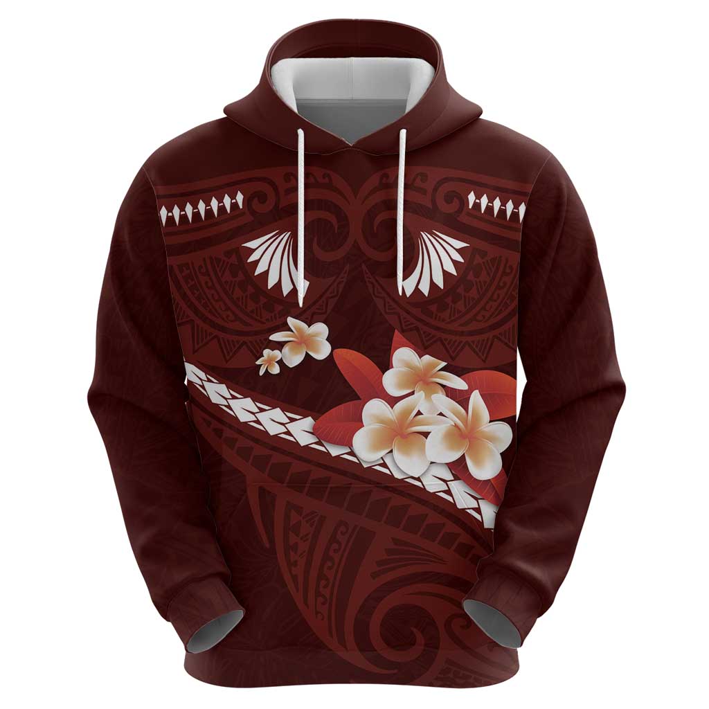 Oxblood Polynesia Zip Hoodie Tribal Pattern Tropical Frangipani