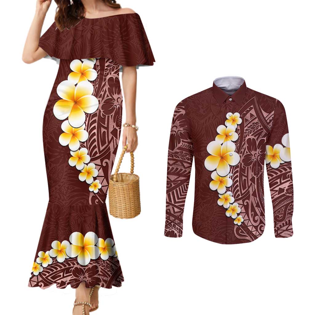 Oxblood Tropical Plumeria With Galaxy Polynesian Art Couples Matching Mermaid Dress and Long Sleeve Button Shirt