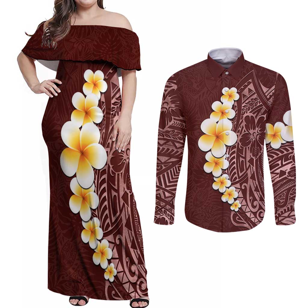 Oxblood Tropical Plumeria With Galaxy Polynesian Art Couples Matching Off Shoulder Maxi Dress and Long Sleeve Button Shirt