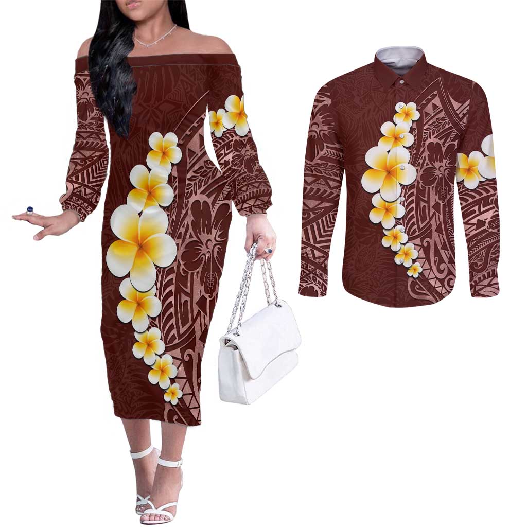 Oxblood Tropical Plumeria With Galaxy Polynesian Art Couples Matching Off The Shoulder Long Sleeve Dress and Long Sleeve Button Shirt
