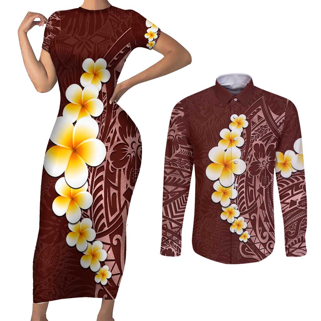 Oxblood Tropical Plumeria With Galaxy Polynesian Art Couples Matching Short Sleeve Bodycon Dress and Long Sleeve Button Shirt