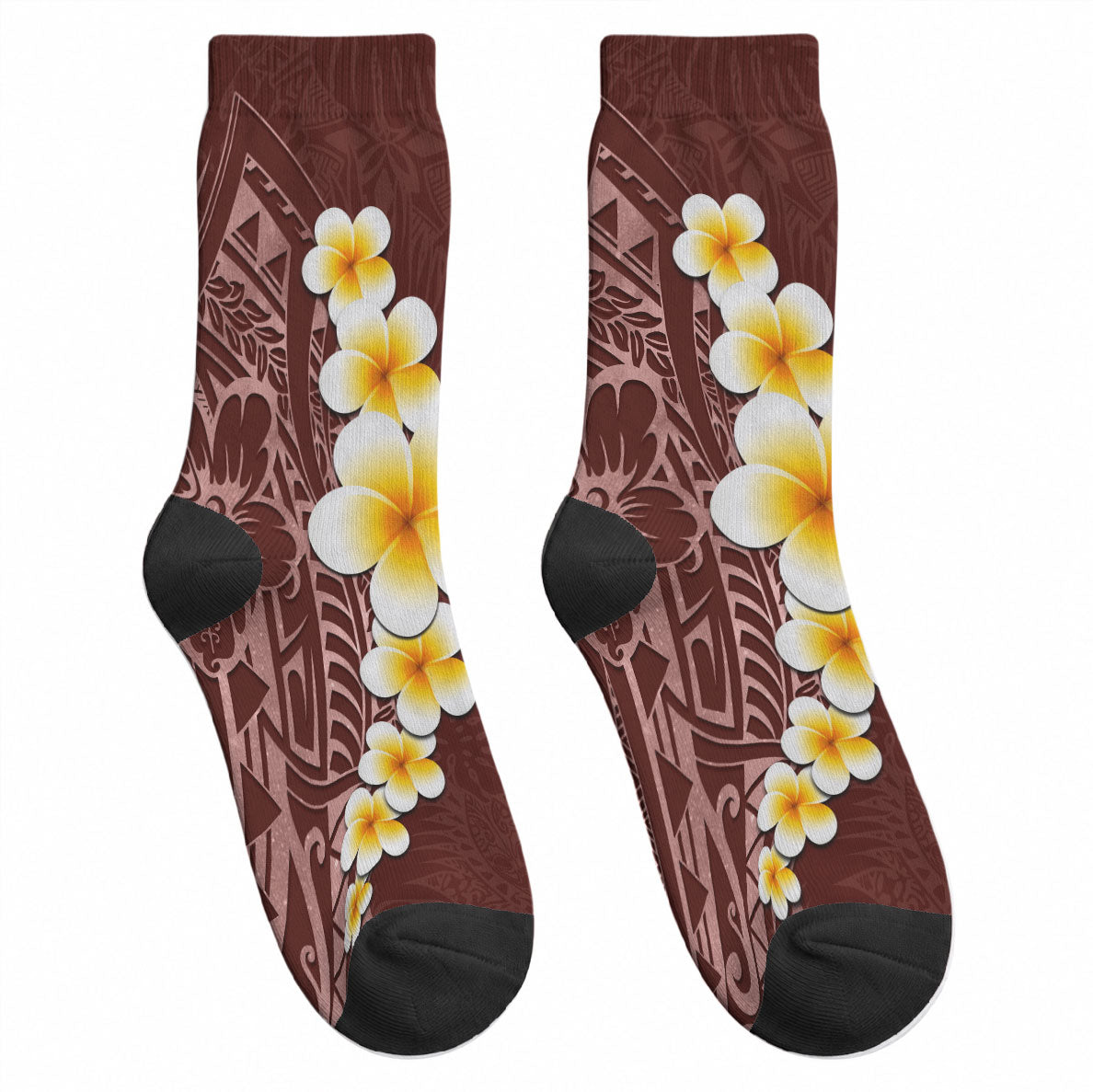 Oxblood Tropical Plumeria With Galaxy Polynesian Art Crew Socks LT14 - Polynesian Pride