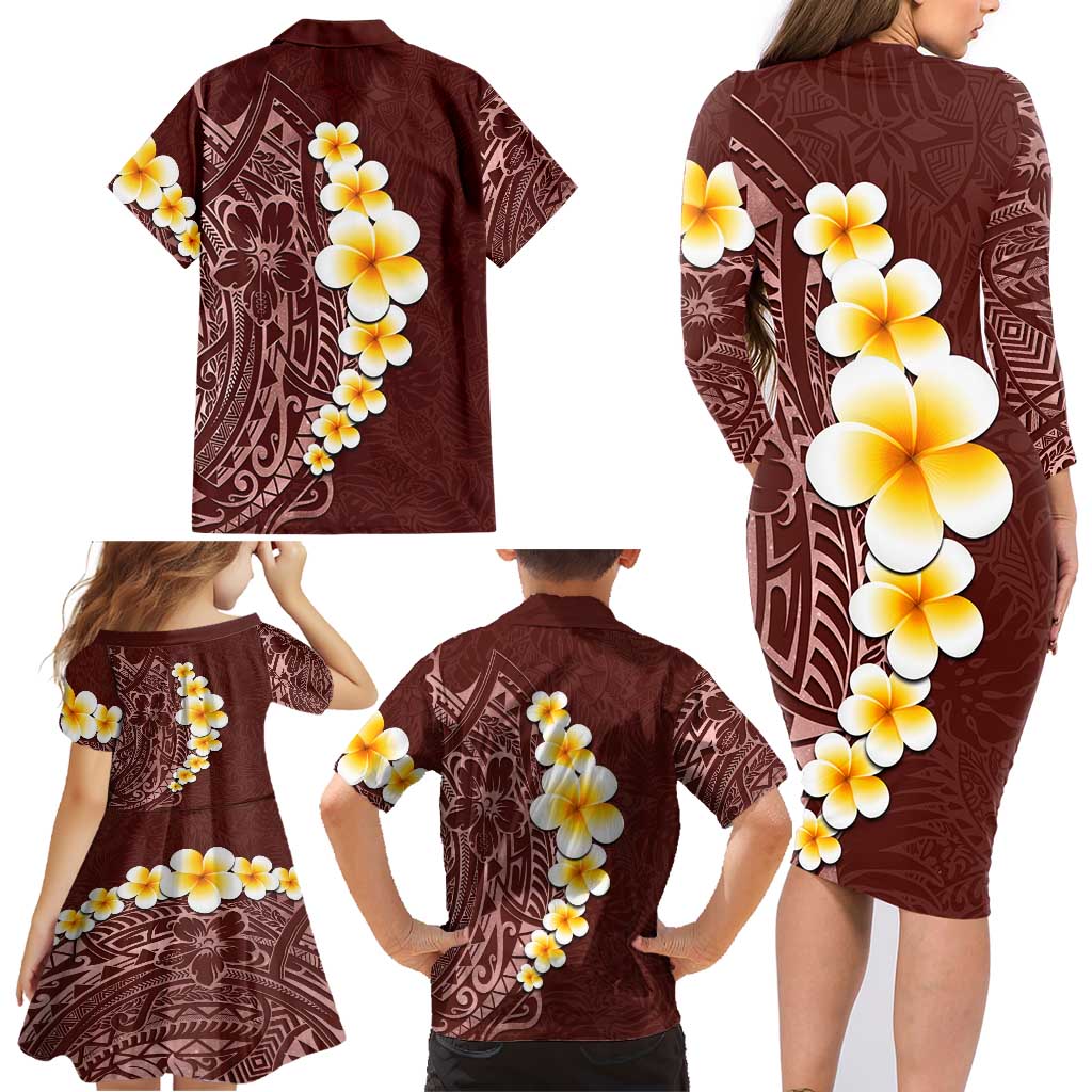 Oxblood Tropical Plumeria With Galaxy Polynesian Art Family Matching Long Sleeve Bodycon Dress and Hawaiian Shirt