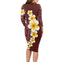 Oxblood Tropical Plumeria With Galaxy Polynesian Art Long Sleeve Bodycon Dress