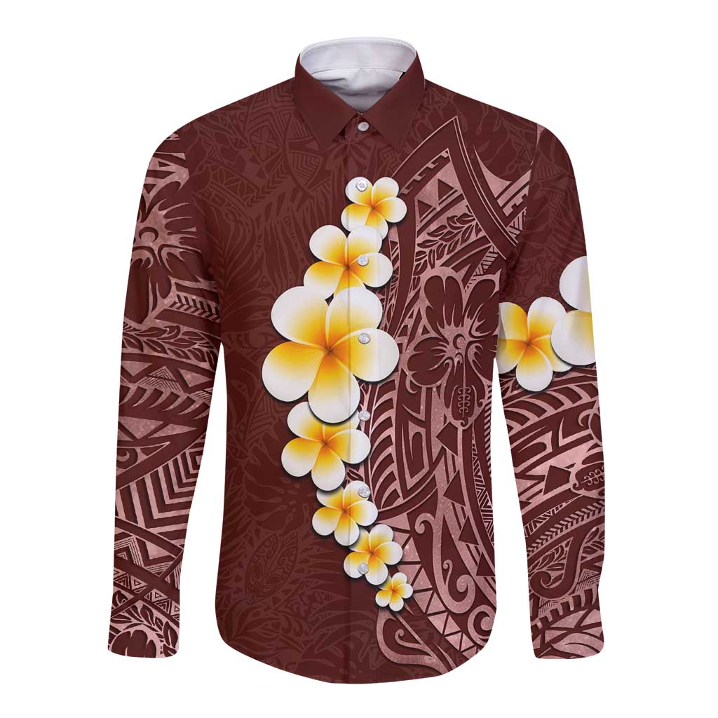 Oxblood Tropical Plumeria With Galaxy Polynesian Art Long Sleeve Button Shirt