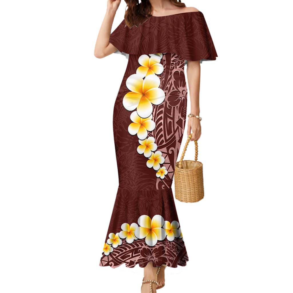 Oxblood Tropical Plumeria With Galaxy Polynesian Art Mermaid Dress