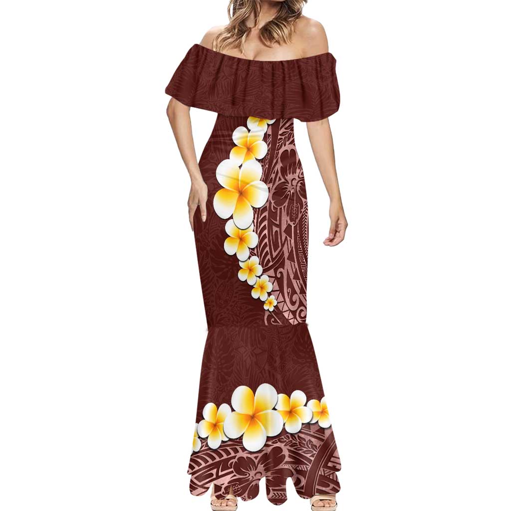 Oxblood Tropical Plumeria With Galaxy Polynesian Art Mermaid Dress
