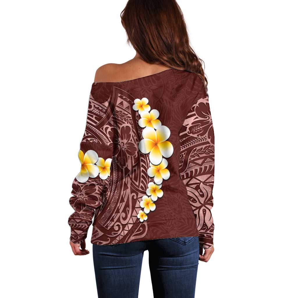 Oxblood Tropical Plumeria With Galaxy Polynesian Art Off Shoulder Sweater