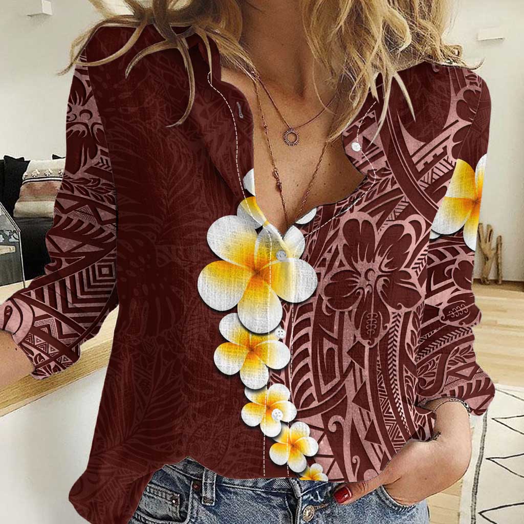 Oxblood Tropical Plumeria With Galaxy Polynesian Art Women Casual Shirt LT14 Female Oxblood - Polynesian Pride