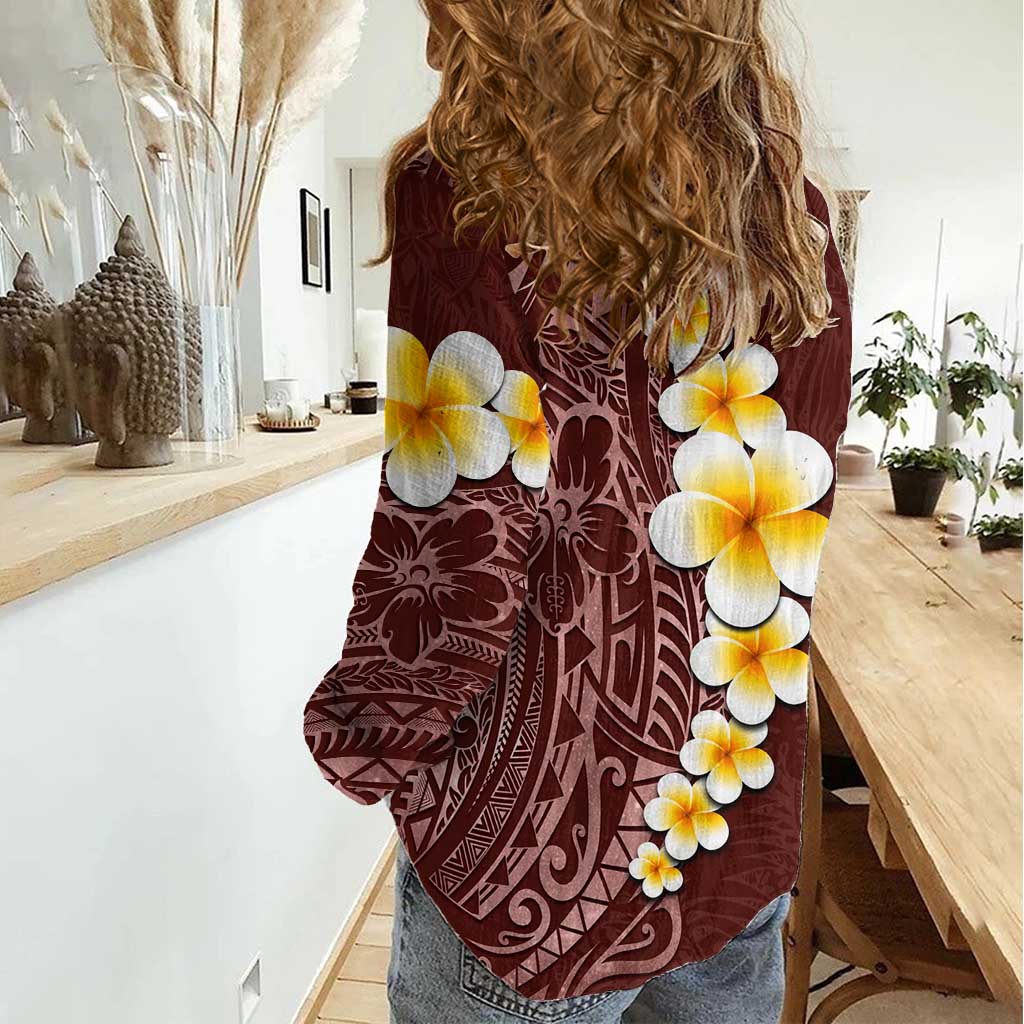 Oxblood Tropical Plumeria With Galaxy Polynesian Art Women Casual Shirt LT14 - Polynesian Pride