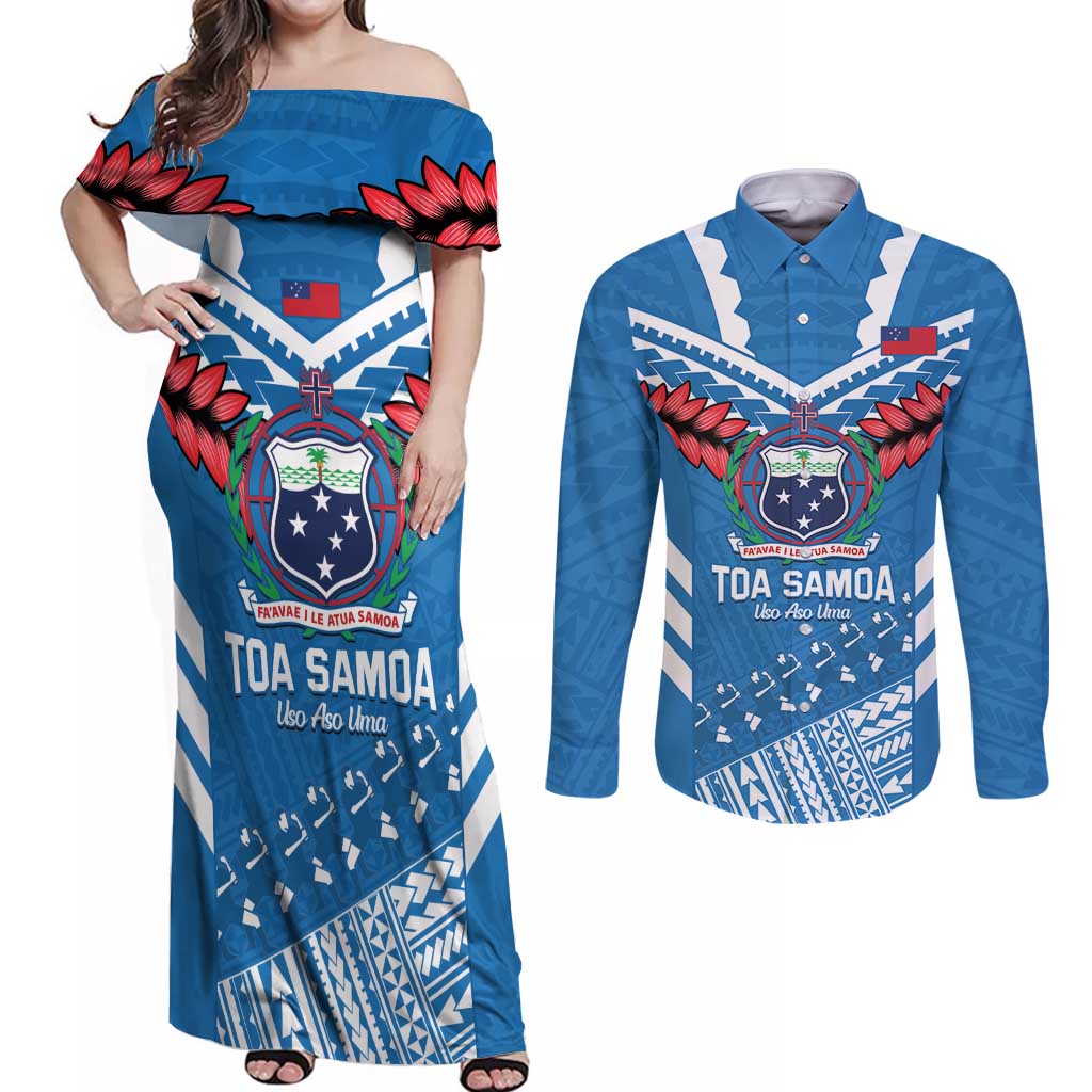 Custom Toa Samoa Rugby Couples Matching Off Shoulder Maxi Dress and Long Sleeve Button Shirt Samoan Siva Tau Uso Aso Uma