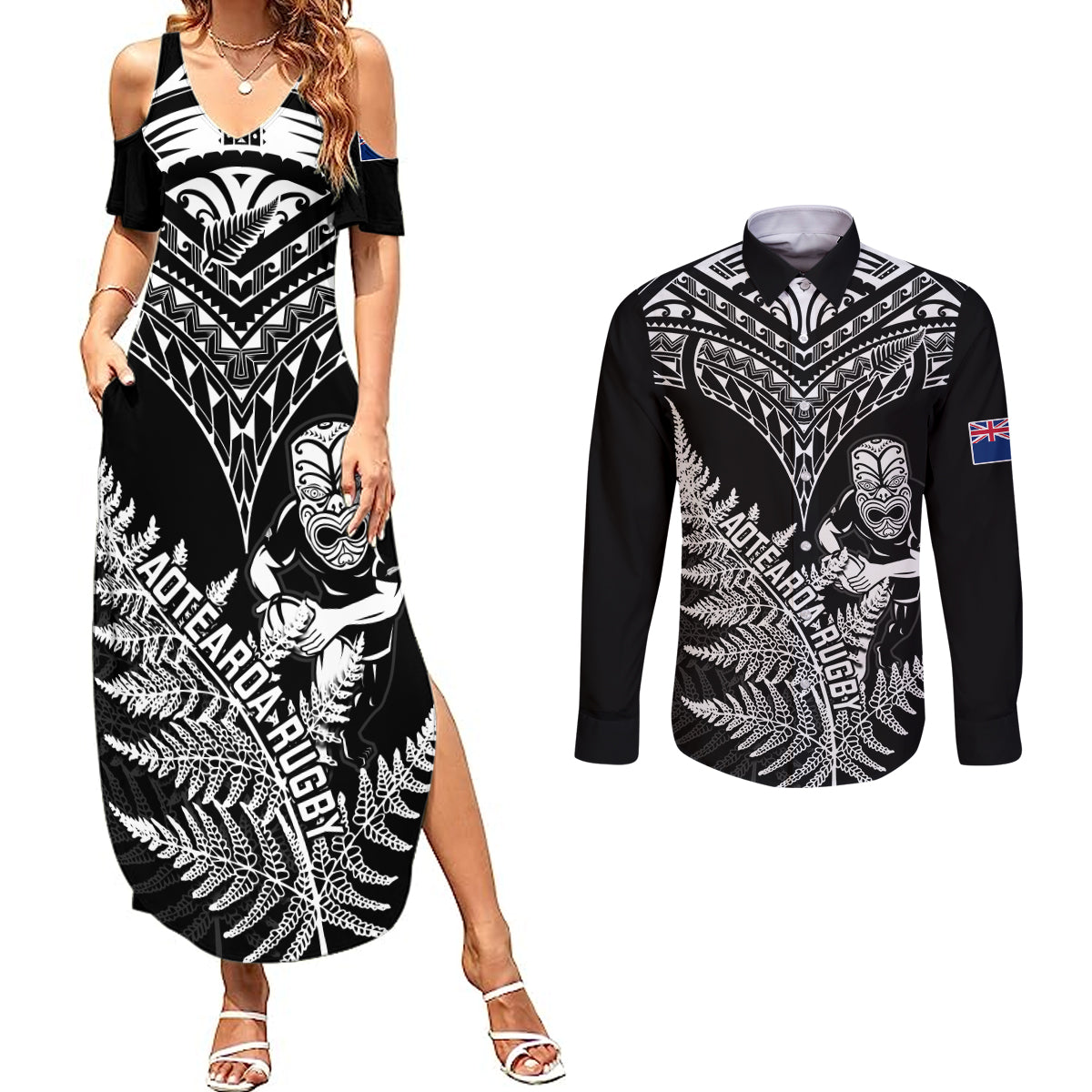 New Zealand Silver Fern Rugby Couples Matching Summer Maxi Dress and Long Sleeve Button Shirts Go All Black 2023 World Cup LT14 Black - Polynesian Pride