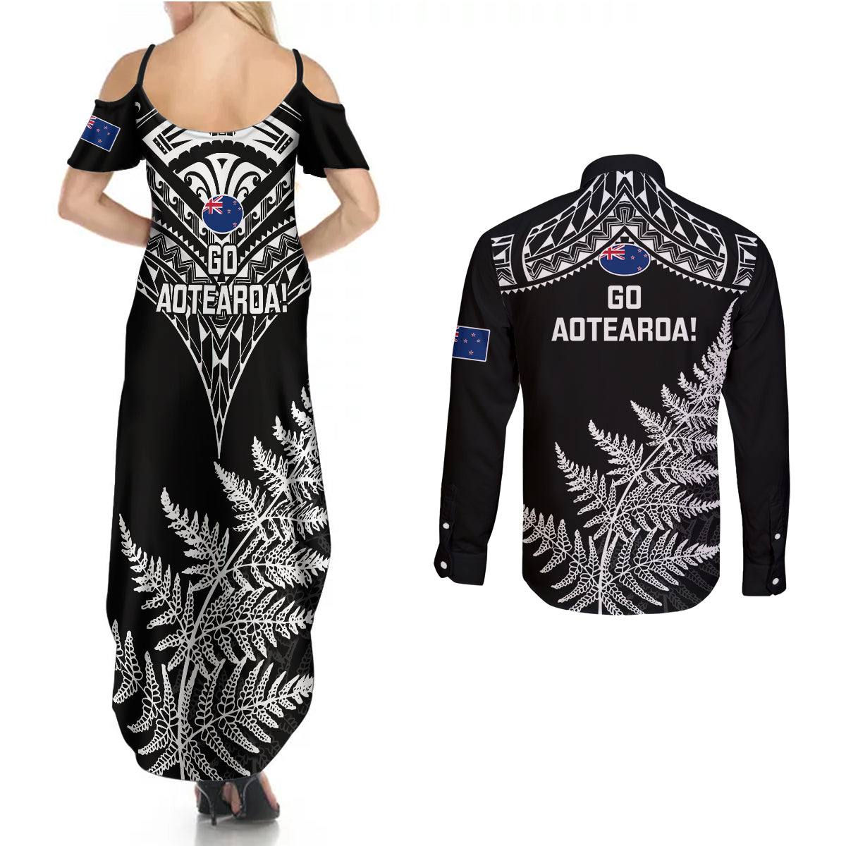 New Zealand Silver Fern Rugby Couples Matching Summer Maxi Dress and Long Sleeve Button Shirts Go All Black 2023 World Cup LT14 - Polynesian Pride