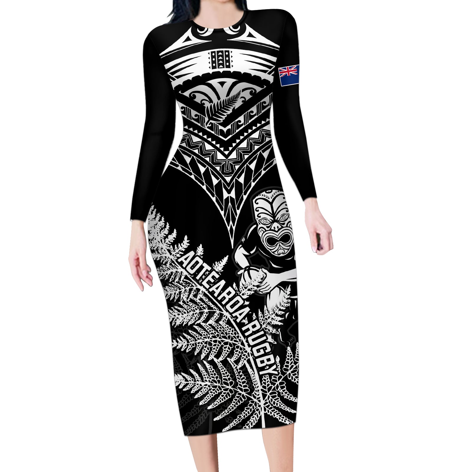 New Zealand Silver Fern Rugby Long Sleeve Bodycon Dress Go All Black 2023 World Cup LT14 Long Dress Black - Polynesian Pride