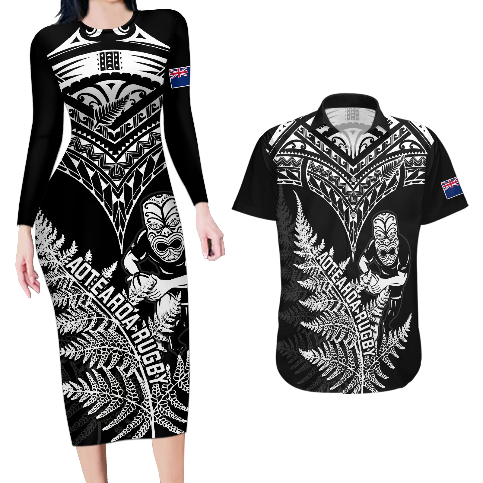 Personalised New Zealand Silver Fern Rugby Couples Matching Long Sleeve Bodycon Dress and Hawaiian Shirt Go All Black 2023 World Cup LT14 Black - Polynesian Pride