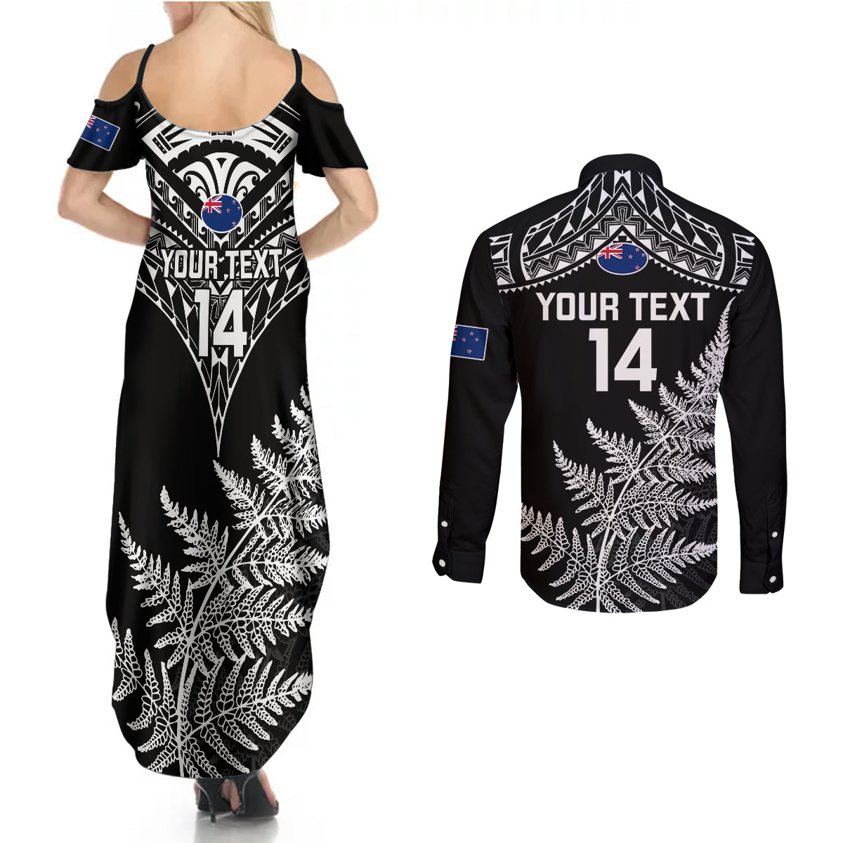 Personalised New Zealand Silver Fern Rugby Couples Matching Summer Maxi Dress and Long Sleeve Button Shirts Go All Black 2023 World Cup LT14 - Polynesian Pride