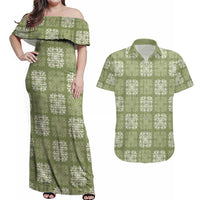 Vesuvian Green Palaka Quilt Hawaii Couples Matching Off Shoulder Maxi Dress and Hawaiian Shirt Traditional Hawaii-plaid Pattern - Polynesian Pride