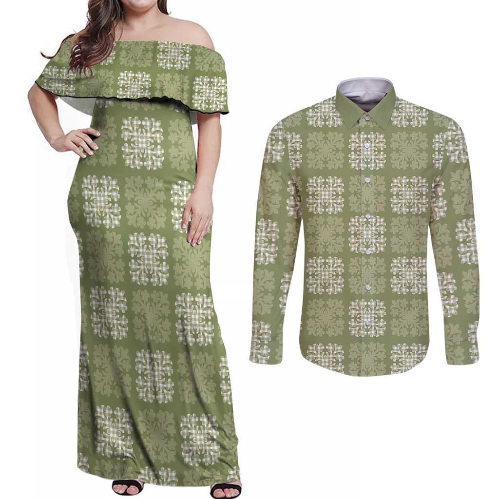 Vesuvian Green Palaka Quilt Hawaii Couples Matching Off Shoulder Maxi Dress and Long Sleeve Button Shirt Traditional Hawaii-plaid Pattern - Polynesian Pride